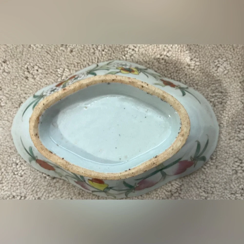 Antique Chinese Floral Porcelain Dish with Orange Accents
